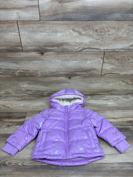 Front view of Okie Dokie purple unicorn puffer jacket, size 18 months, with fleece-lined hood on wood plank background