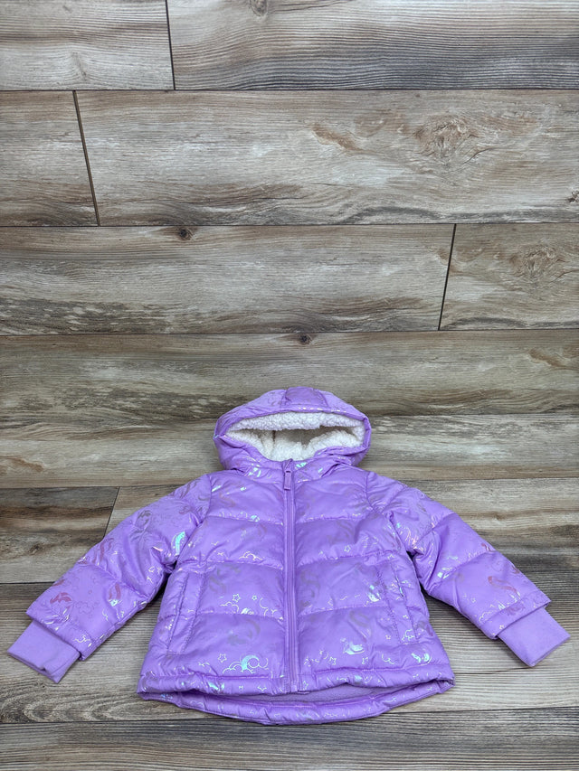Front view of Okie Dokie purple unicorn puffer jacket, size 18 months, with fleece-lined hood on wood plank background