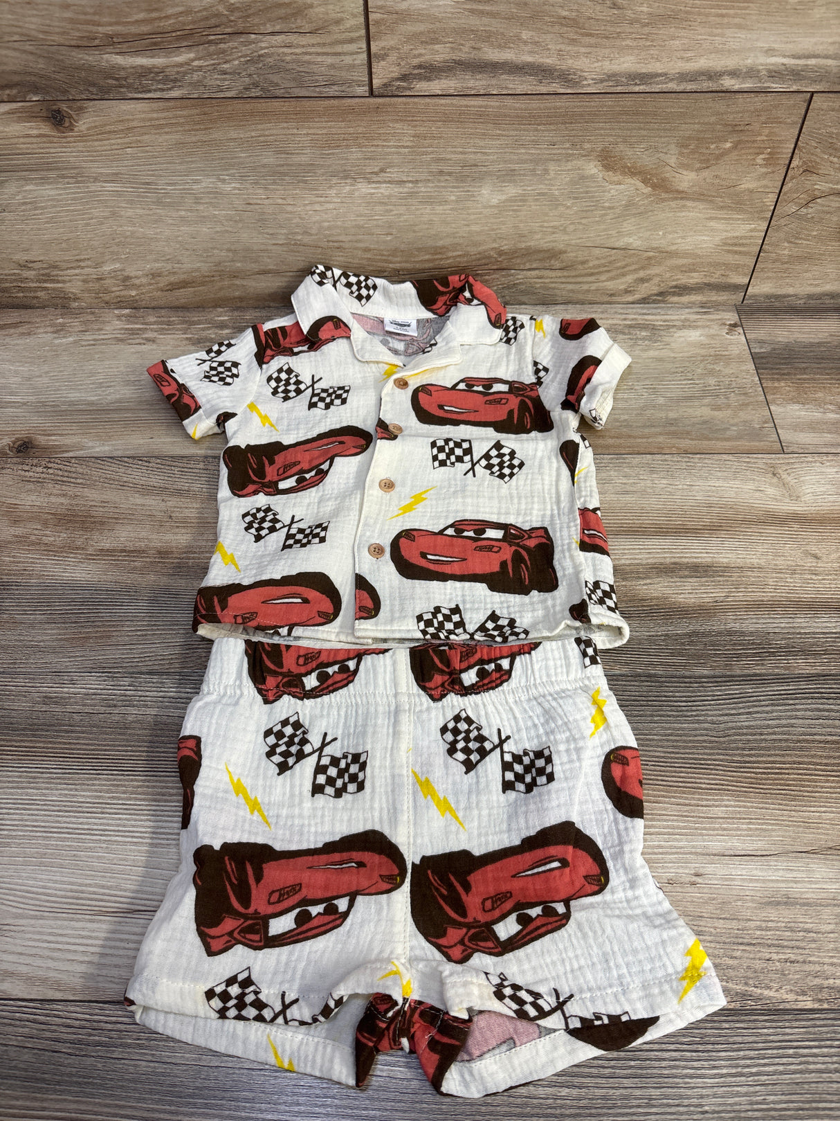 Disney Pixar Cars 2pc Gauze Button-Up Shirt & Shorts Set Cream sz 12m