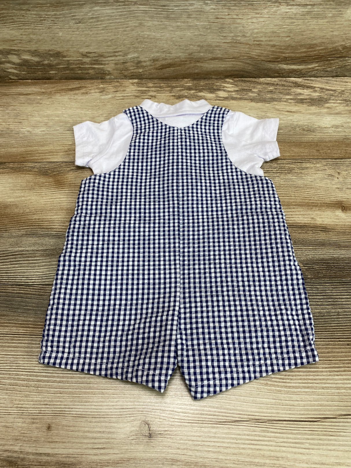 Starting Out 2pc Polo Shirt & Gingham Shortall White/Navy sz 3-6m