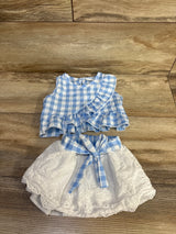 2Pc Blue/White Gingham Ruffle Blouse & White Eyelet Skirt sz 3-6m