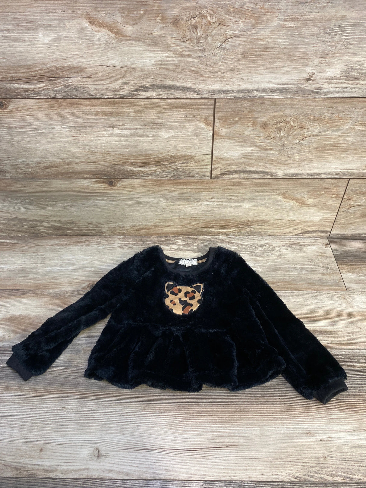Btween Cat Print Plush Pull Over Top Black sz 4T