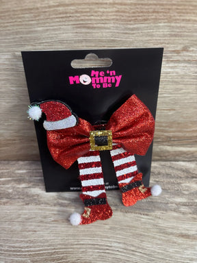 Glittery red Santa bow with hat and striped legs, festive holiday kids accessory