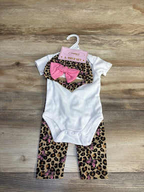 White baby onesie with leopard print butterfly pants & pink bow, 3-piece set on hanger