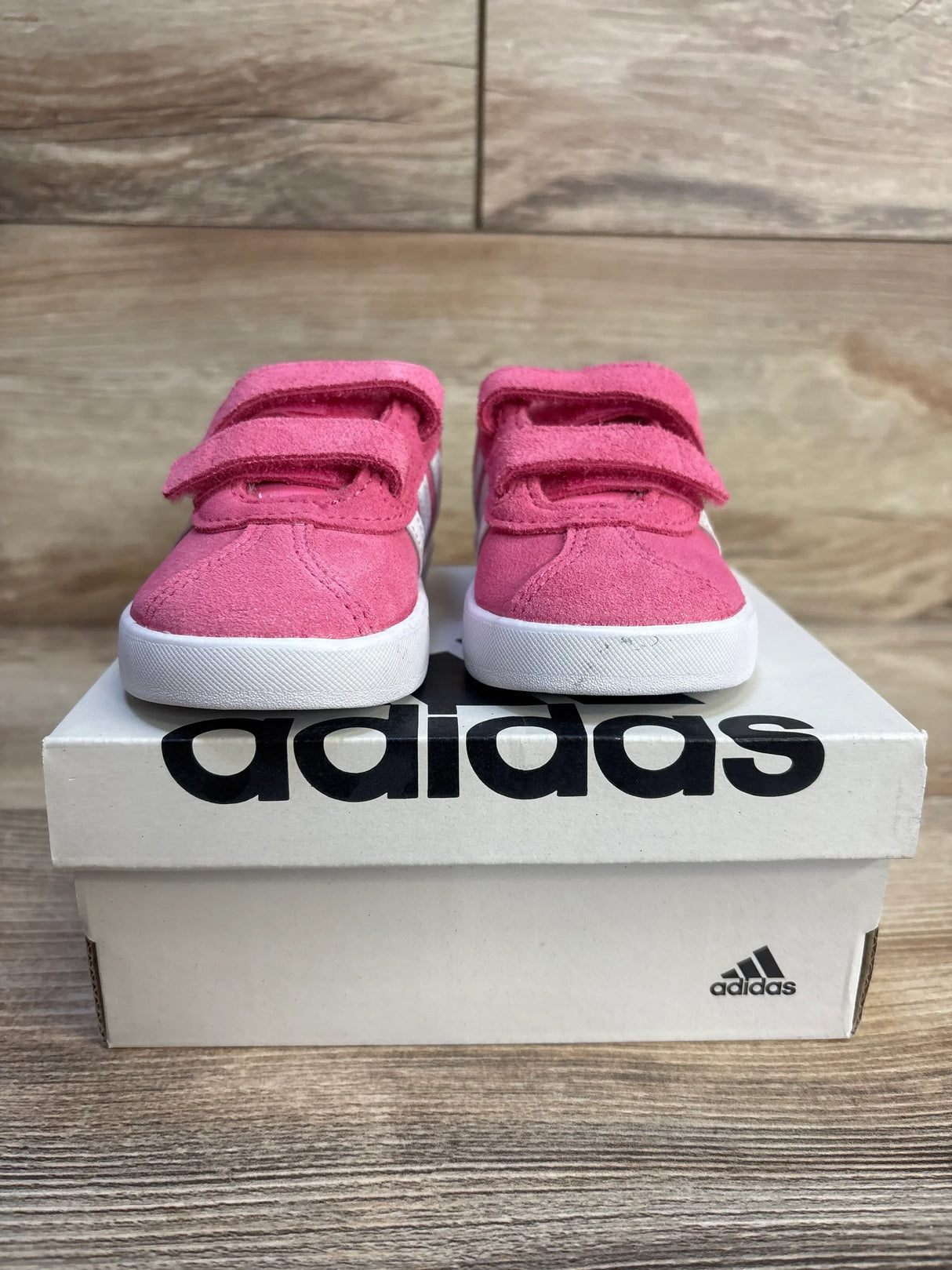 Pink Adidas toddler sneakers with velcro straps on original box, kids footwear resale