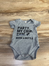 BFUStyle 'Party, My Crib. 2AM. Bring a Bottle.' Bodysuit Grey sz 0-3m