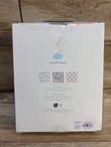 Front of boxed Cloud Island 3-pack muslin swaddle blankets showing cloud logo, three pattern swatches, and 47 x 47 in size on wood surface