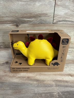 Yellow stegosaurus plush toy with red spikes in eco-friendly box for kids
