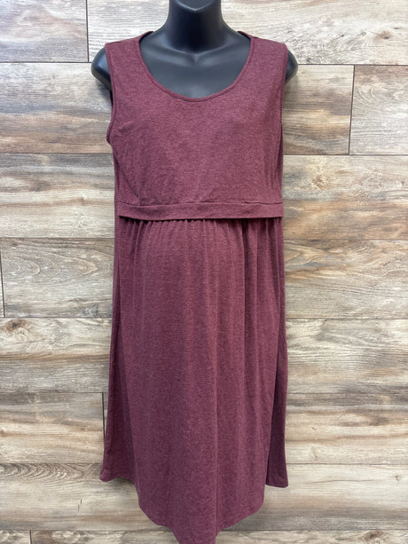 Front view of Plussiva maroon maternity sleeveless nursing dress in size XL showcasing nursing overlay with wood plank background