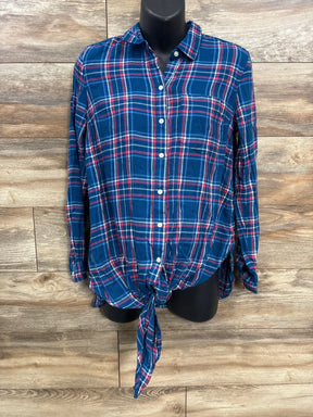 Blue and pink plaid long sleeve button-up shirt with front tie, displayed on mannequin