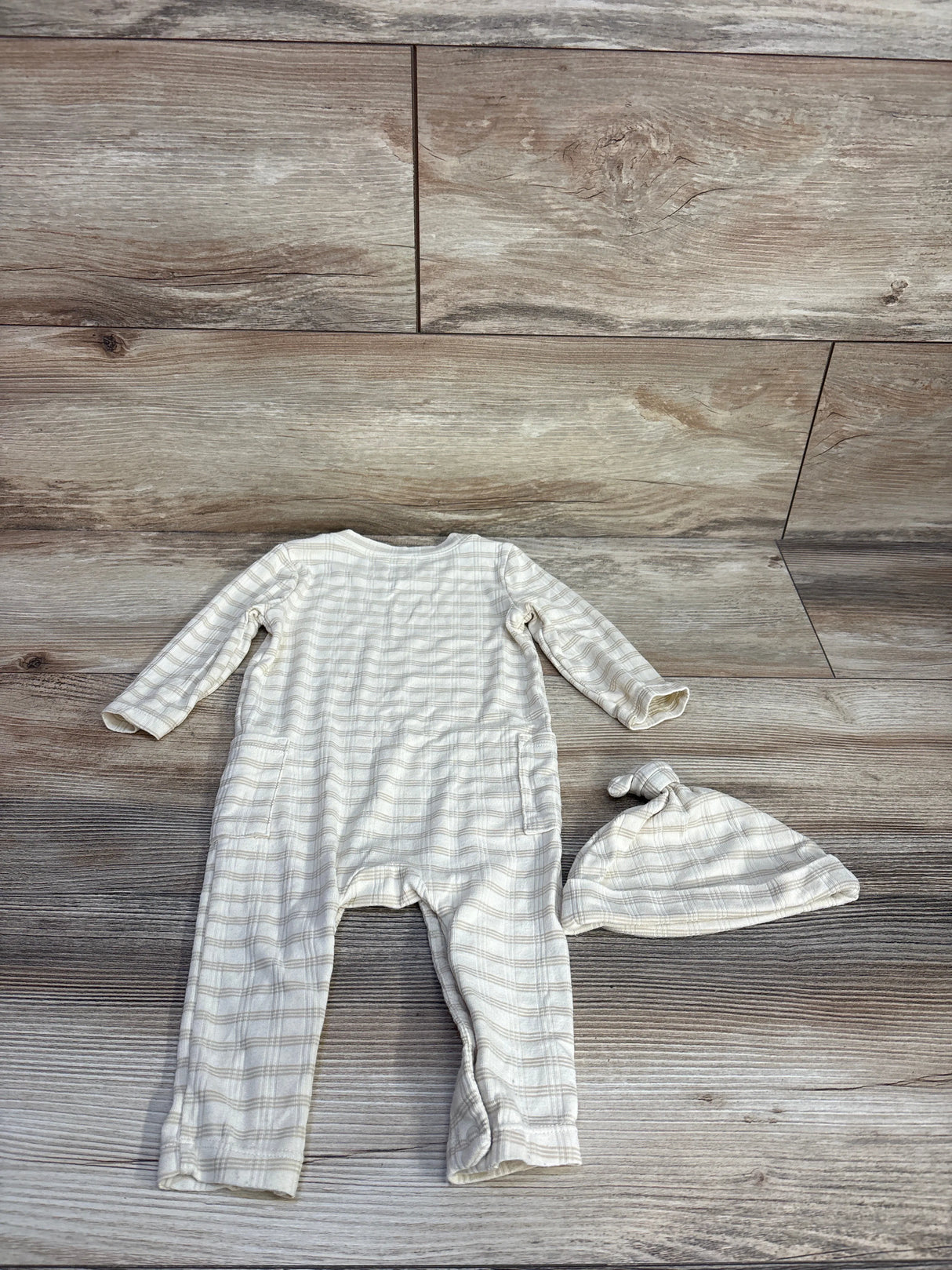 Cloud Island Jacquard Checkered Romper & Hat Beige sz 3-6m