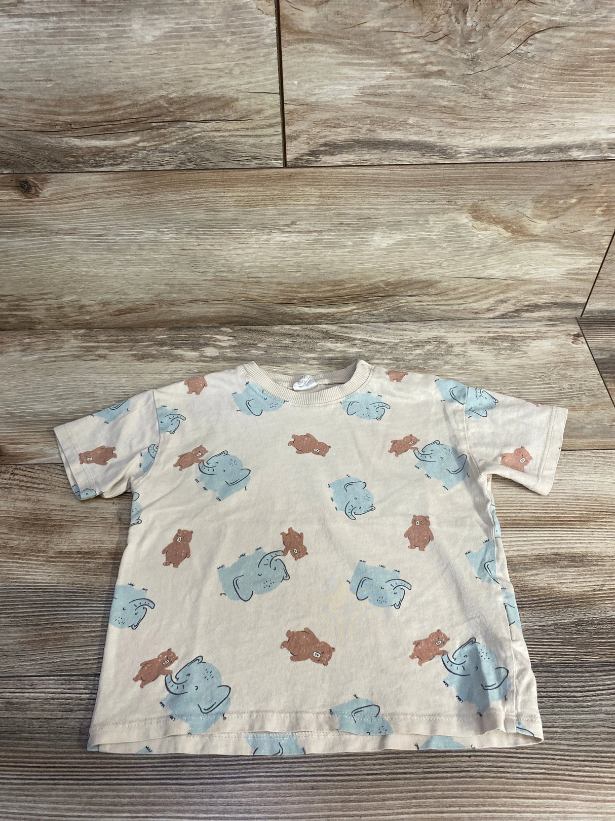 H&M Bear & Elephant Print Shirt Tan sz 2T