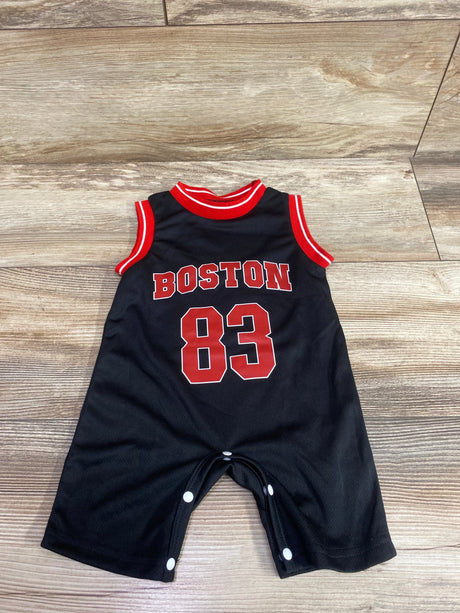Black Shein mesh baby romper with red 'BOSTON 83' print and red trim