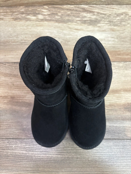 Top view of black BearPaw Eliza Boots for kids showing faux-fur lining and side zipper.