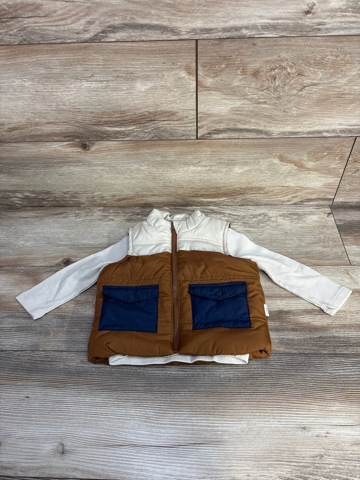 Tahari Baby 2pc Thermal Long Sleeve & Puffer Vest Set Tan sz 12m