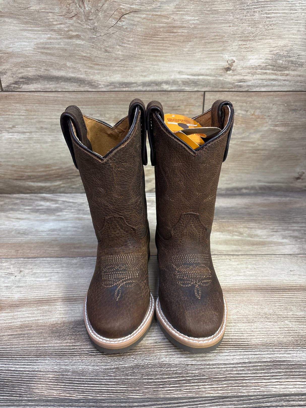 NEW Soto Boots Kids Round Toe Leather Western Boots Brown sz 8c