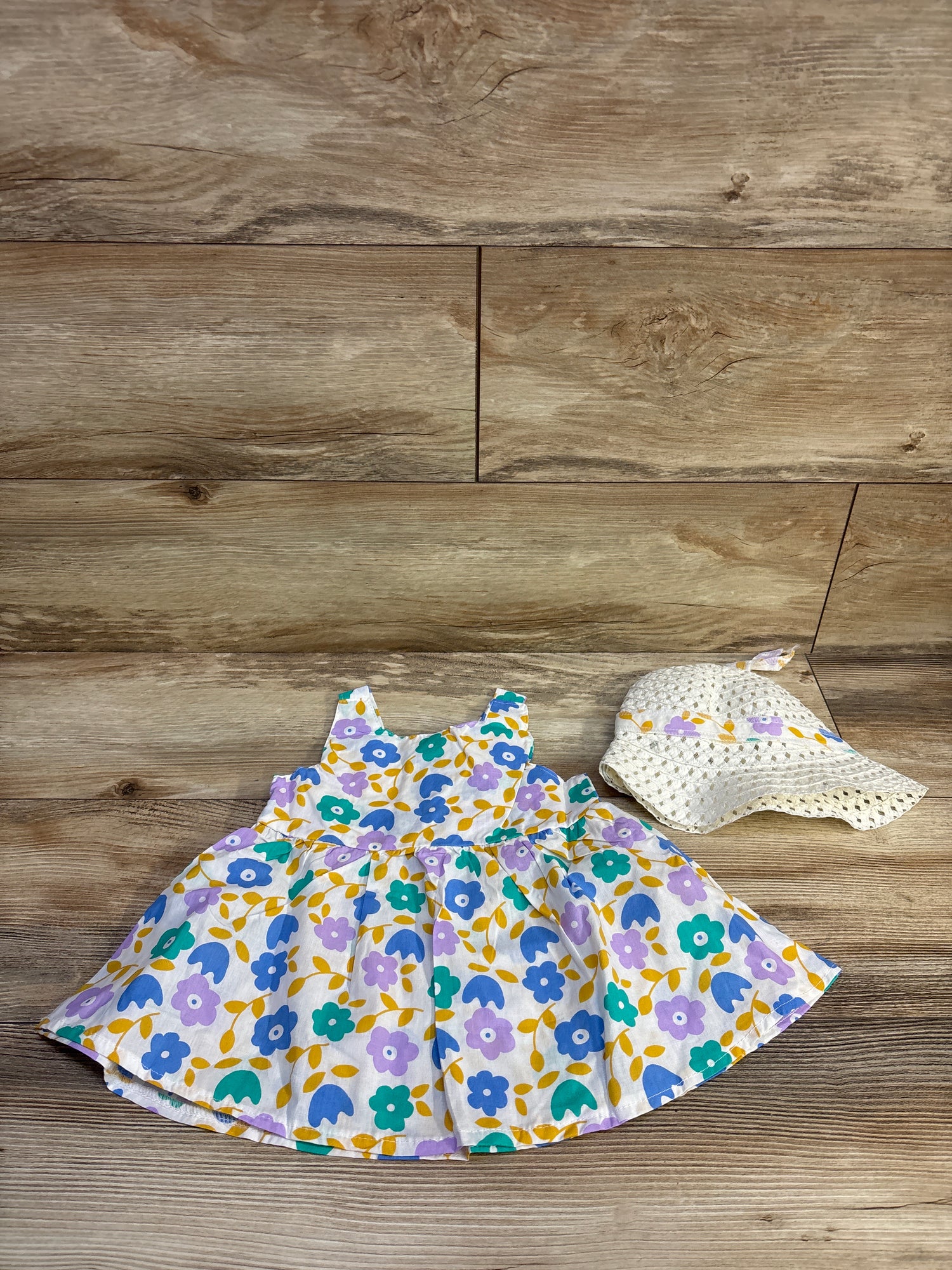 2pc Floral Sleeveless Bowknot Dress & Straw Bucket Hat White sz 6m