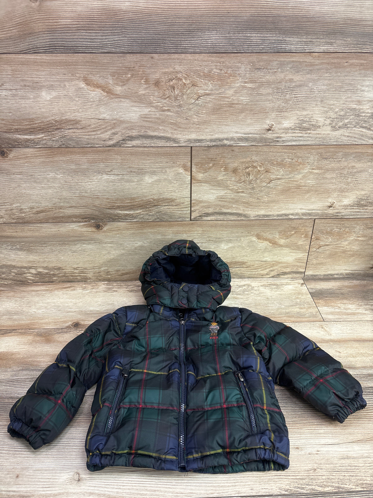 Ralph Lauren Plaid Down Hooded Puffer Jacket Green sz 3T