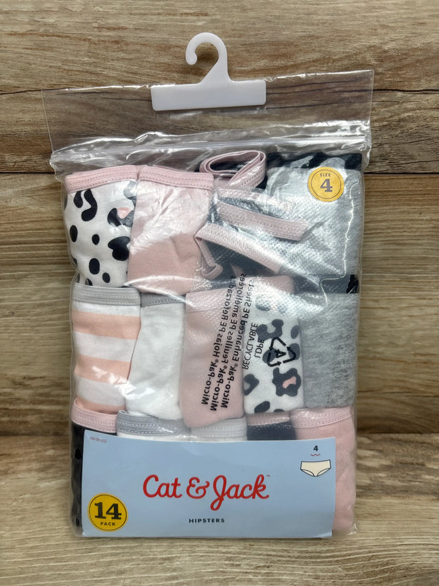 Front view of Cat and Jack 14 pack hipsters size 4 in assorted pink, white, gray, and patterned styles