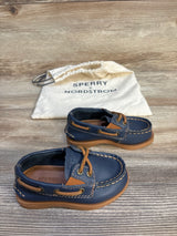 Navy blue Sperry toddler boat shoes with tan laces and stitching, Nordstrom dust bag