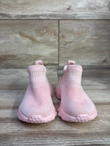 Front view of pink high-top mesh sock baby shoes (size 4/5C) showcasing textured knit upper and flexible sole on wood floor