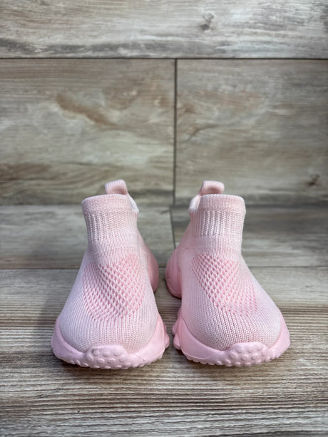 Front view of pink high-top mesh sock baby shoes (size 4/5C) showcasing textured knit upper and flexible sole on wood floor