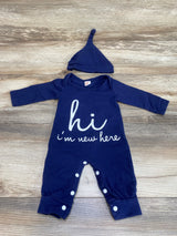 2pc Hi I'm New Here Coverall & Hat Blue sz 0-3m