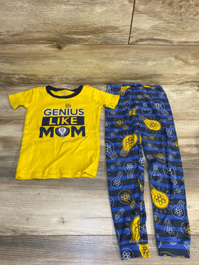 Yellow "Genius Like Mom" kids T-shirt with matching blue science-themed pants set