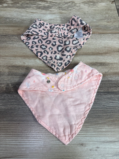 Front view of Angel Dear 2pk bandana bibs showcasing pink leopard and colorful patterns with snap closures on wood grain