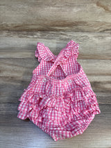 Pink gingham baby romper with ruffles and buttons, ideal for newborns and infants