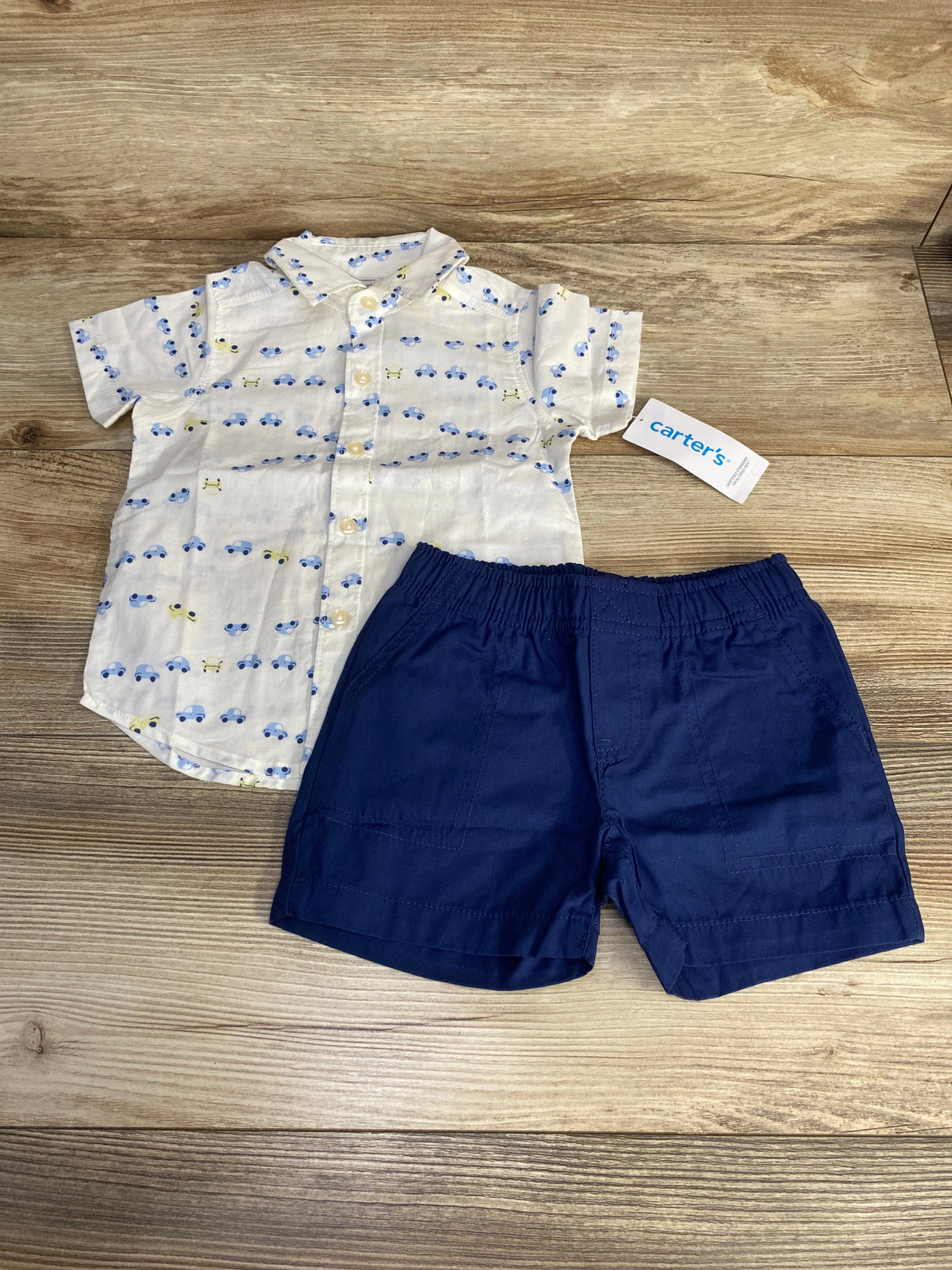 NEW Carter's 2pc Car Print Button Up Shirt & Shorts White sz 12m