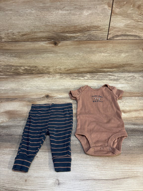Top-down view of Carter's brown Game Day Buddy bodysuit with snap crotch and navy-striped leggings on wood floor