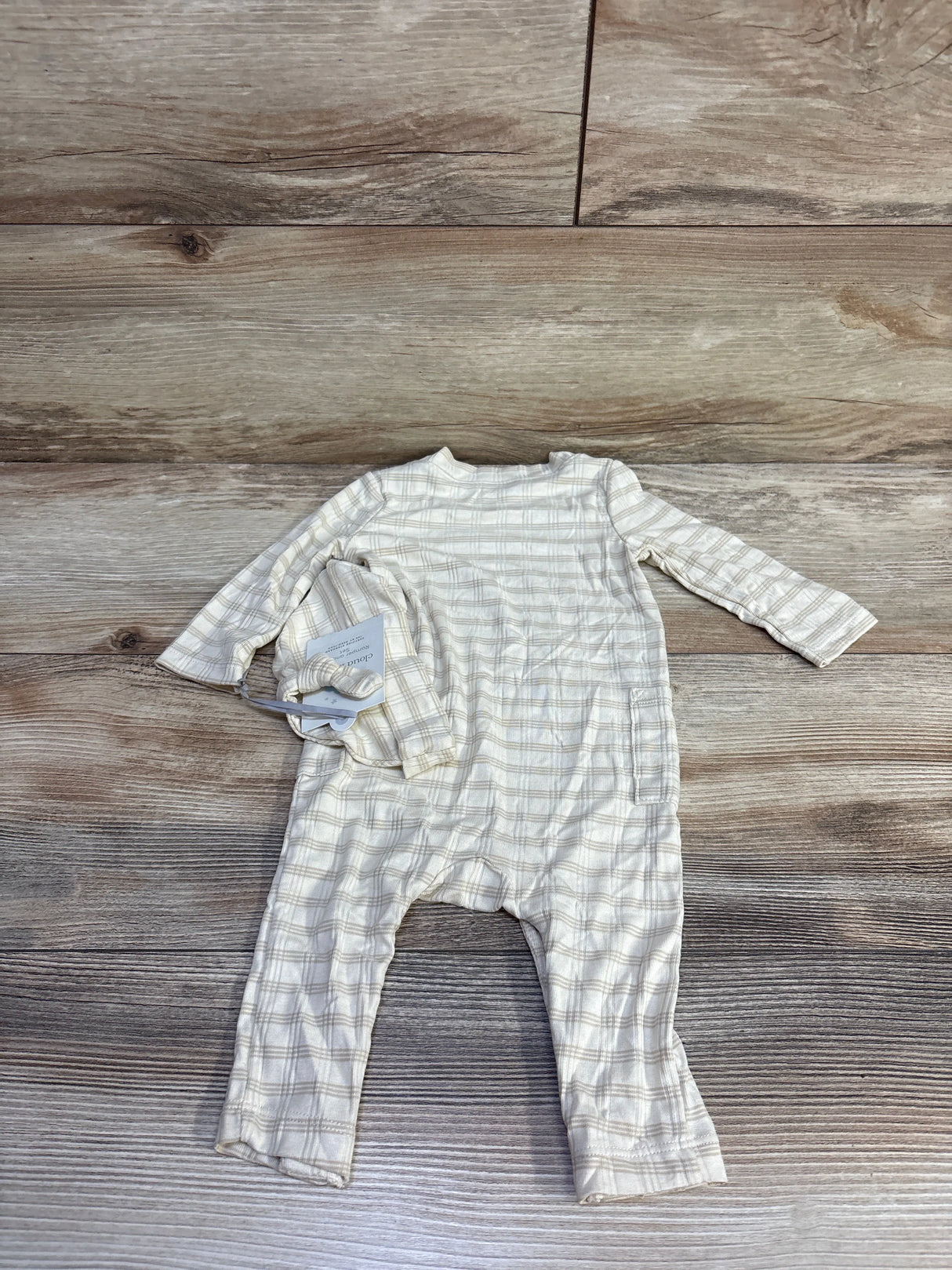 NEW Cloud Island 2Pc Jacquard Checkered Romper & Hat Beige sz 0-3m