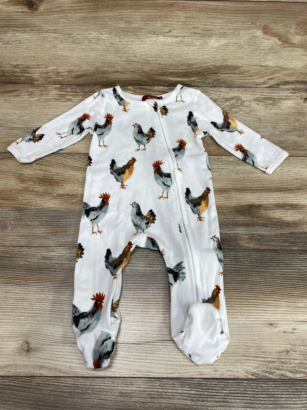 Milk Barn Chicken Organic Cotton White Zipper Footed Romper sz 3-6m