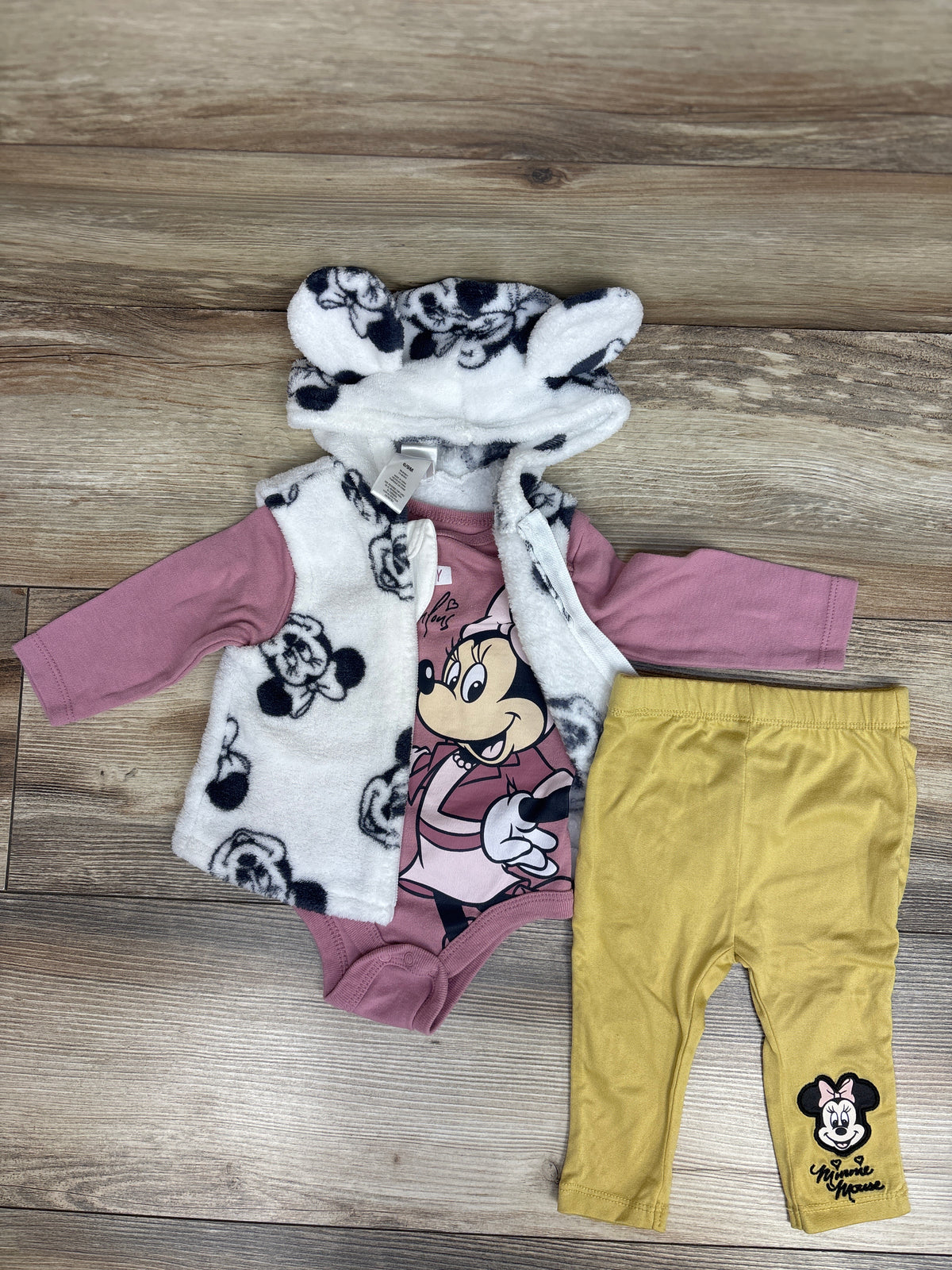 Disney Baby 3pc Minnie Mouse Fur Vest, Bodysuit, & Pants Set White sz 6/9m