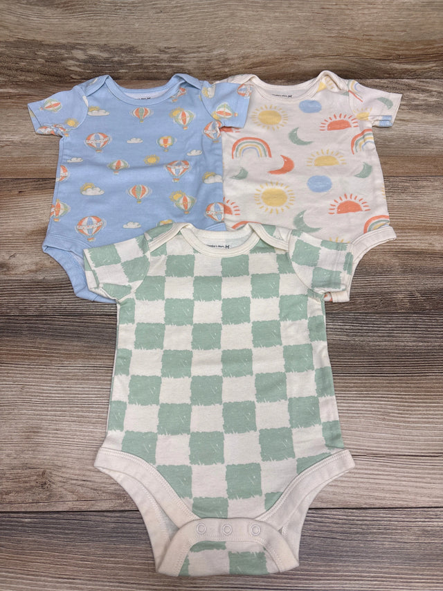 Front view of Member’s Mark 3-pack organic bodysuits, size 3 months, with balloon, celestial, and checkerboard prints