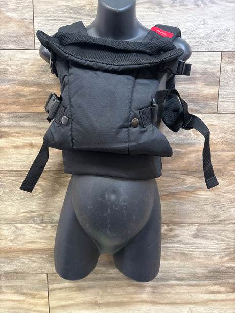 Front view of YOU+ME 4-in-1 Lightweight Mesh Baby Carrier showcasing black mesh fabric and adjustable straps with a wood plank background
