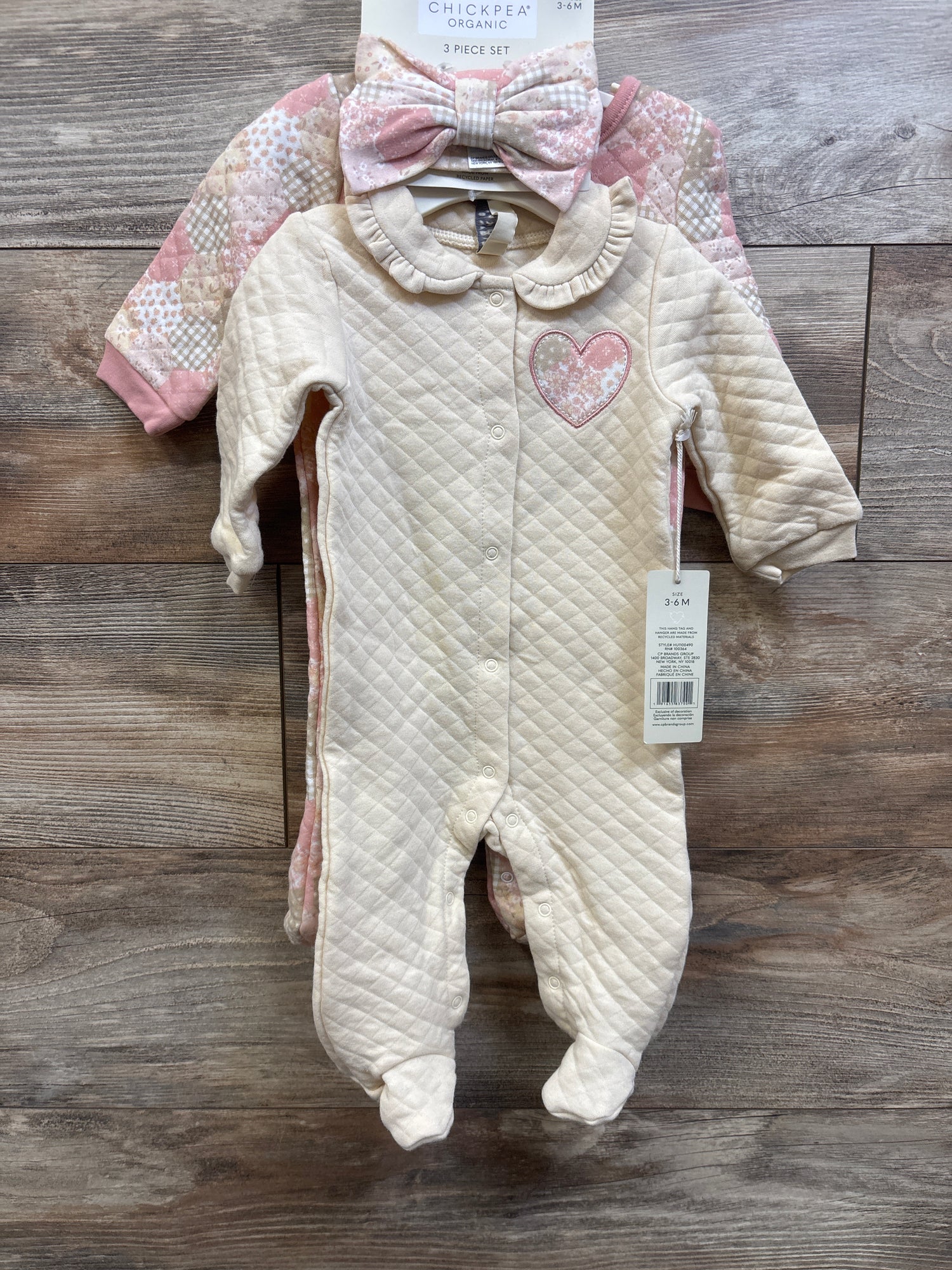 NEW Chick Pea Organic 3pc Footed Quilted Coveralls & Headband Set Ivory sz 3-6m