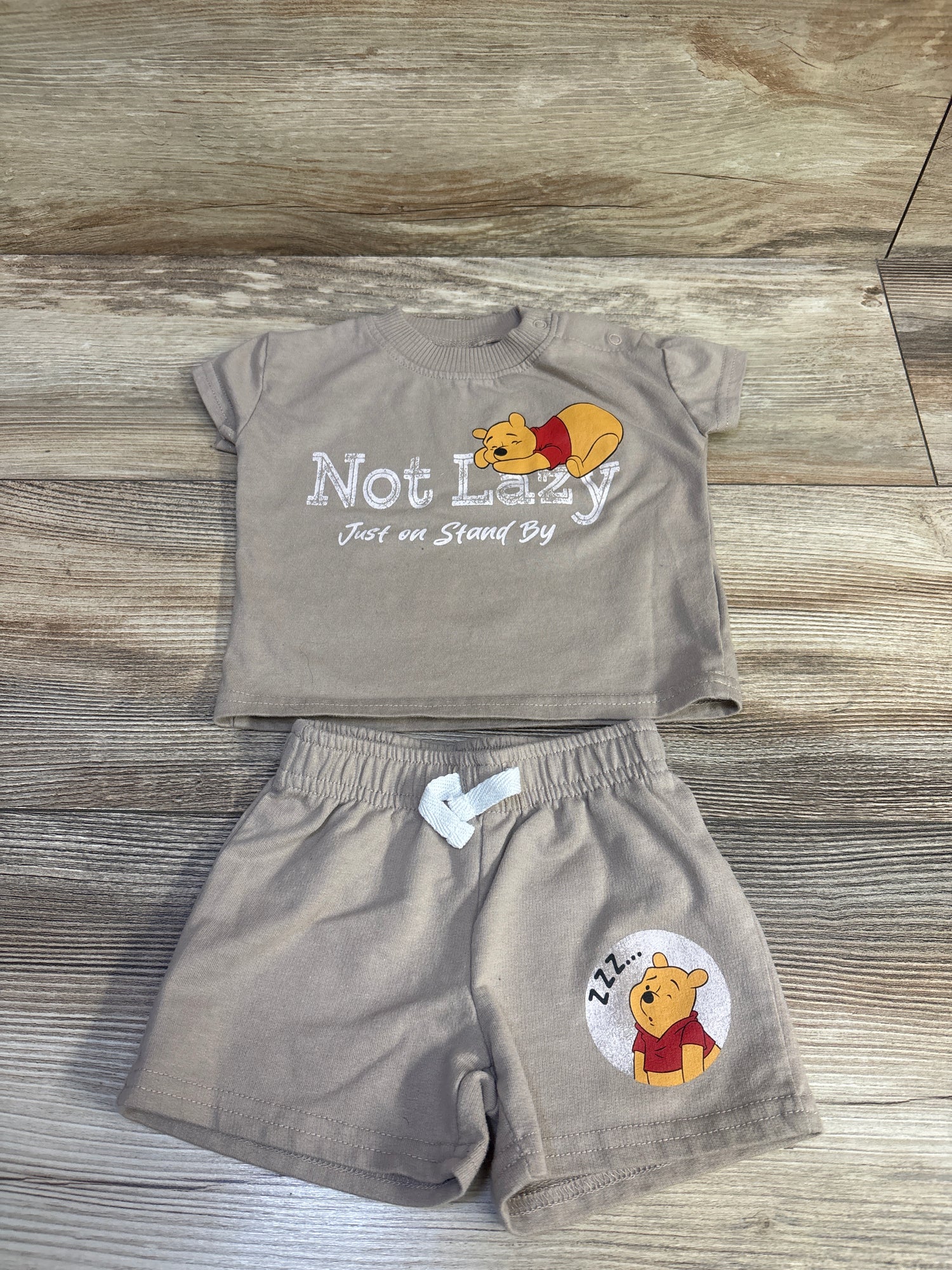 Disney Baby 2pc Not Lazy Just One Stand By Shirt & Shorts Brown sz 0-3m