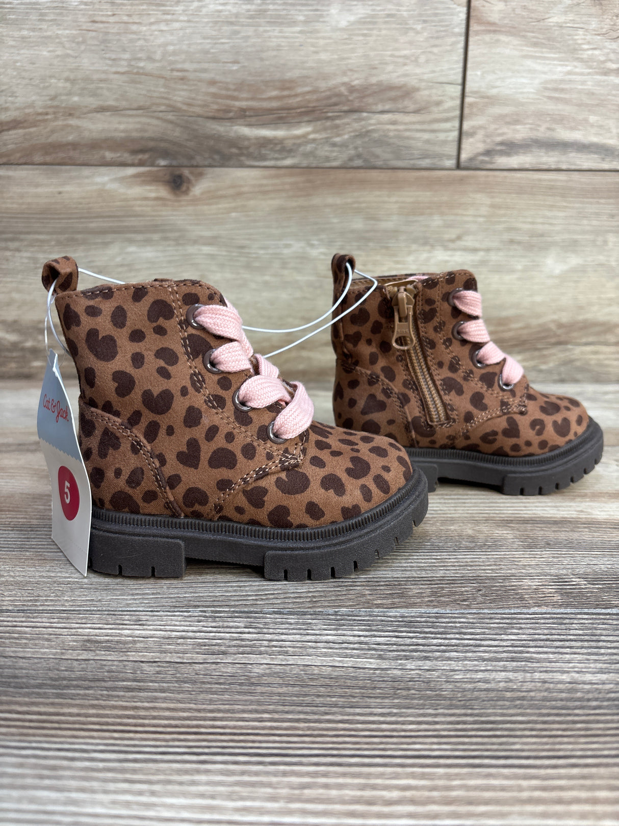 NEW Cat & Jack Toddler Girls' Amaya Zipper Leopard Print  Combat Boots Brown Sz 5c