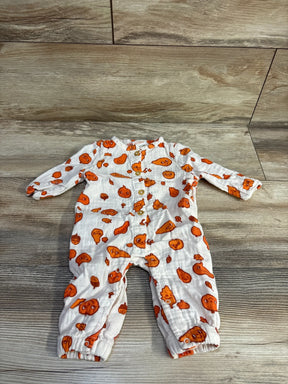 Front view of Cat & Jack white pumpkin-print baby coverall, size 0-3 months, with long sleeves and snaps