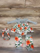 Long Sleeve Ribbed Floral 3pc Bodysuit Dress, Leg Warmers, & Headband Set Green sz 3-6m