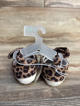 Leopard print baby shoes with white soles, size 3-6M, on hanger