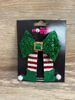 Glittery green elf bow with red and white striped legs, holiday kids accessory