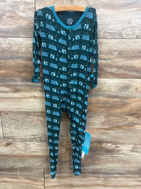 Front view of Kickee Pants snap footie in green with camping fox and tent print, snap front, long sleeves, footed legs on wood