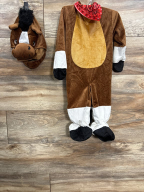 Kids horse costume with red bandana, brown and white plush design, perfect for Halloween or dress-up