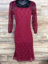 Guruixu Maternity Long Sleeve Lace Ruched Dress Red sz Medium