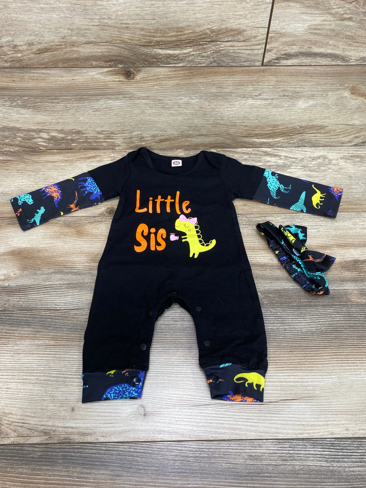 2pc Little Sis Dino Coverall & Headband Black sz 9m