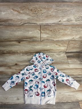 White kids hoodie with colorful Marvel superhero faces including Hulk, Iron Man, Thor, and Captain America on wooden floor