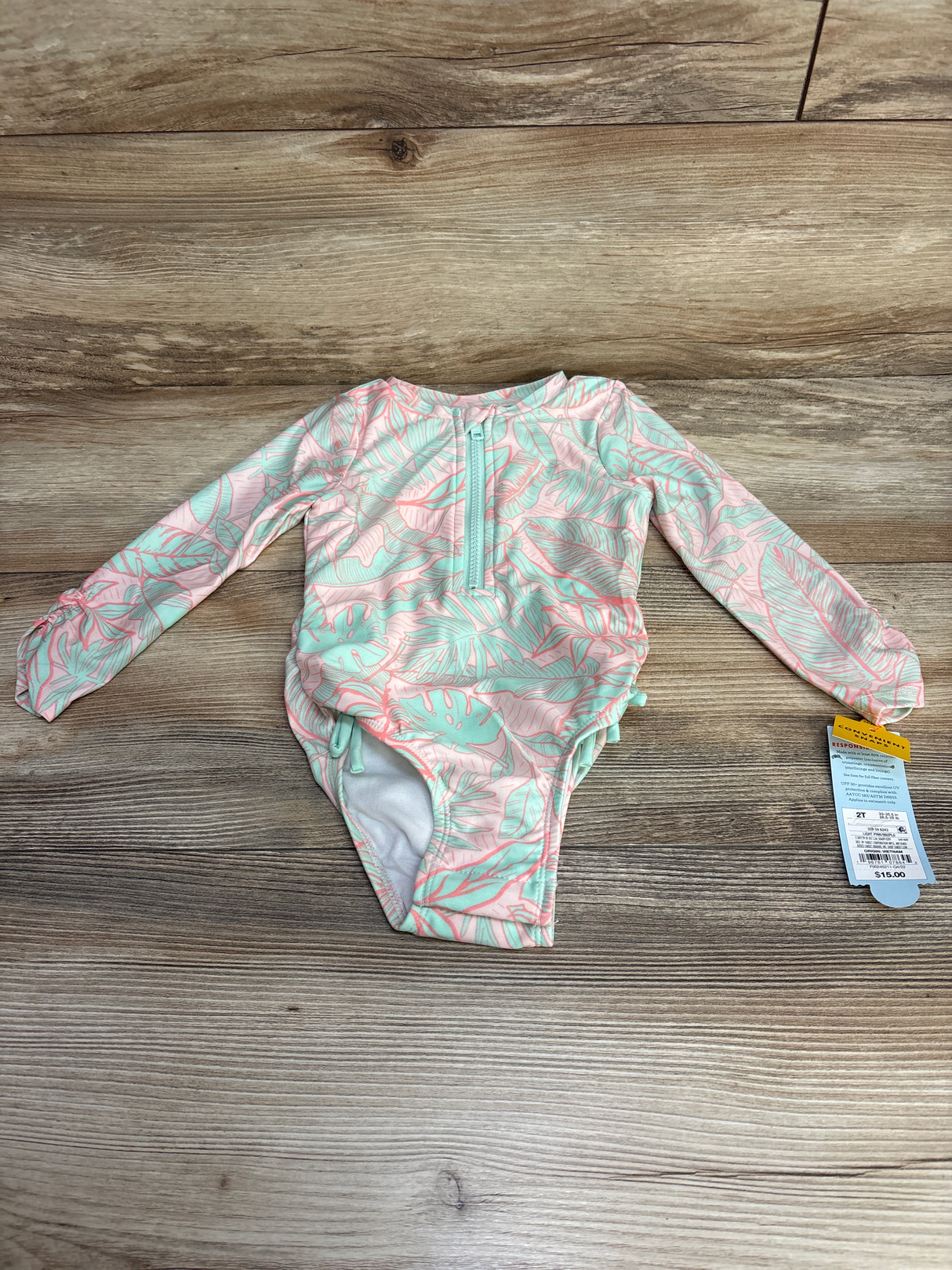 NEW Cat & Jack 1pc Leaf Print Rashguard Swimsuit Pink sz 2T